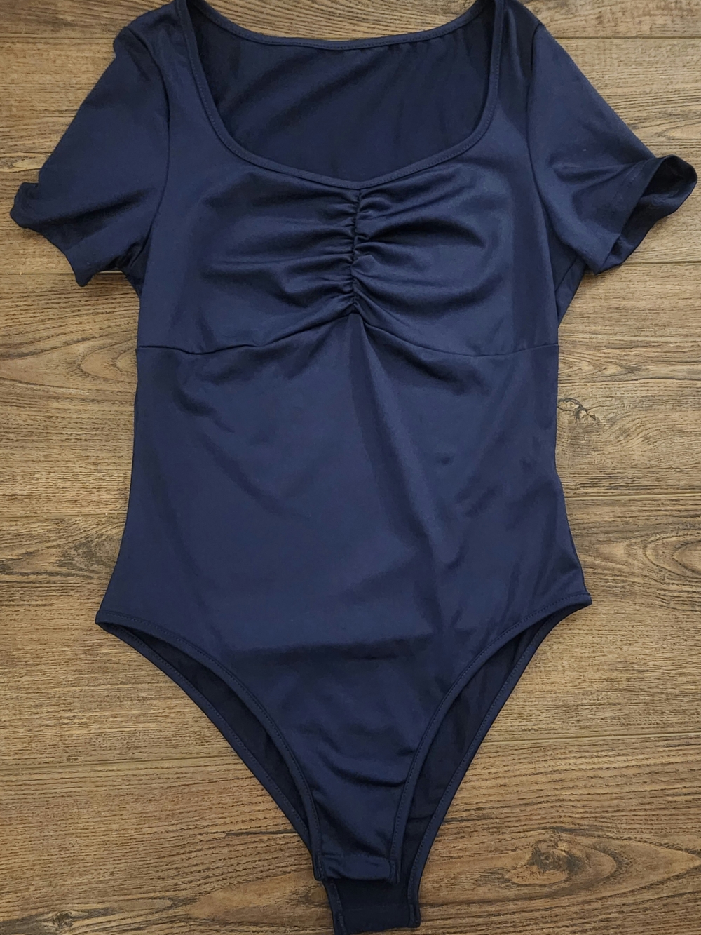 Navy Ruched Front Short Sleeve Bodysuit Y2K Boho Flirty